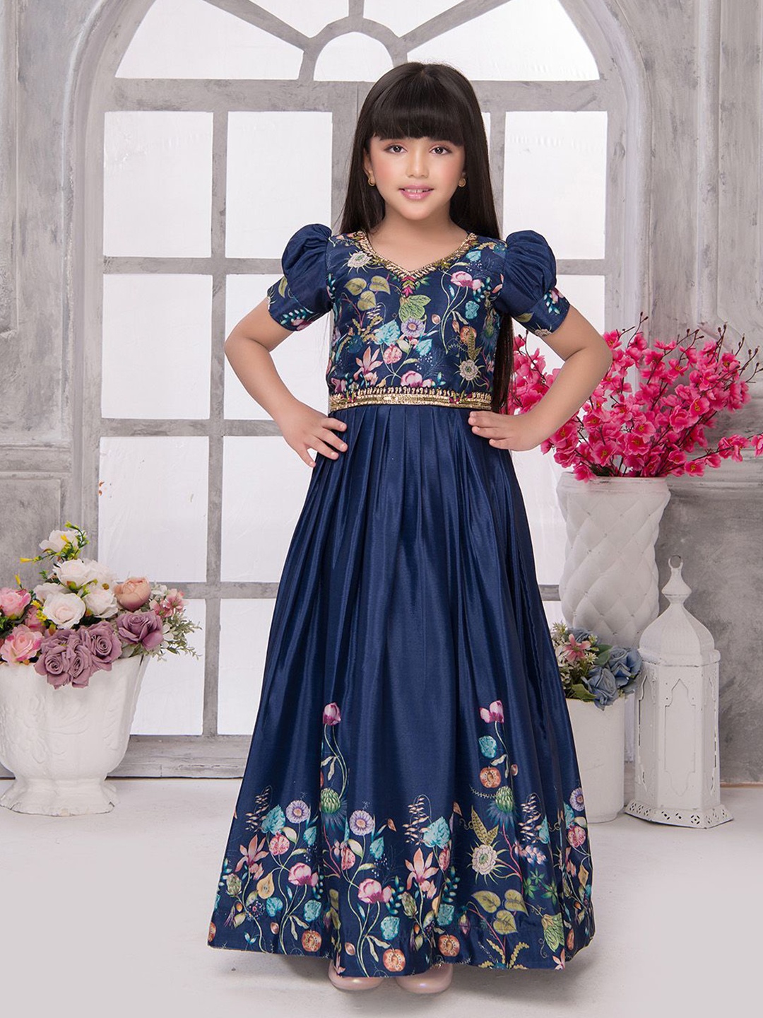 

Tiny Kingdom Floral Print Puff Sleeve Satin Maxi Dress, Navy blue