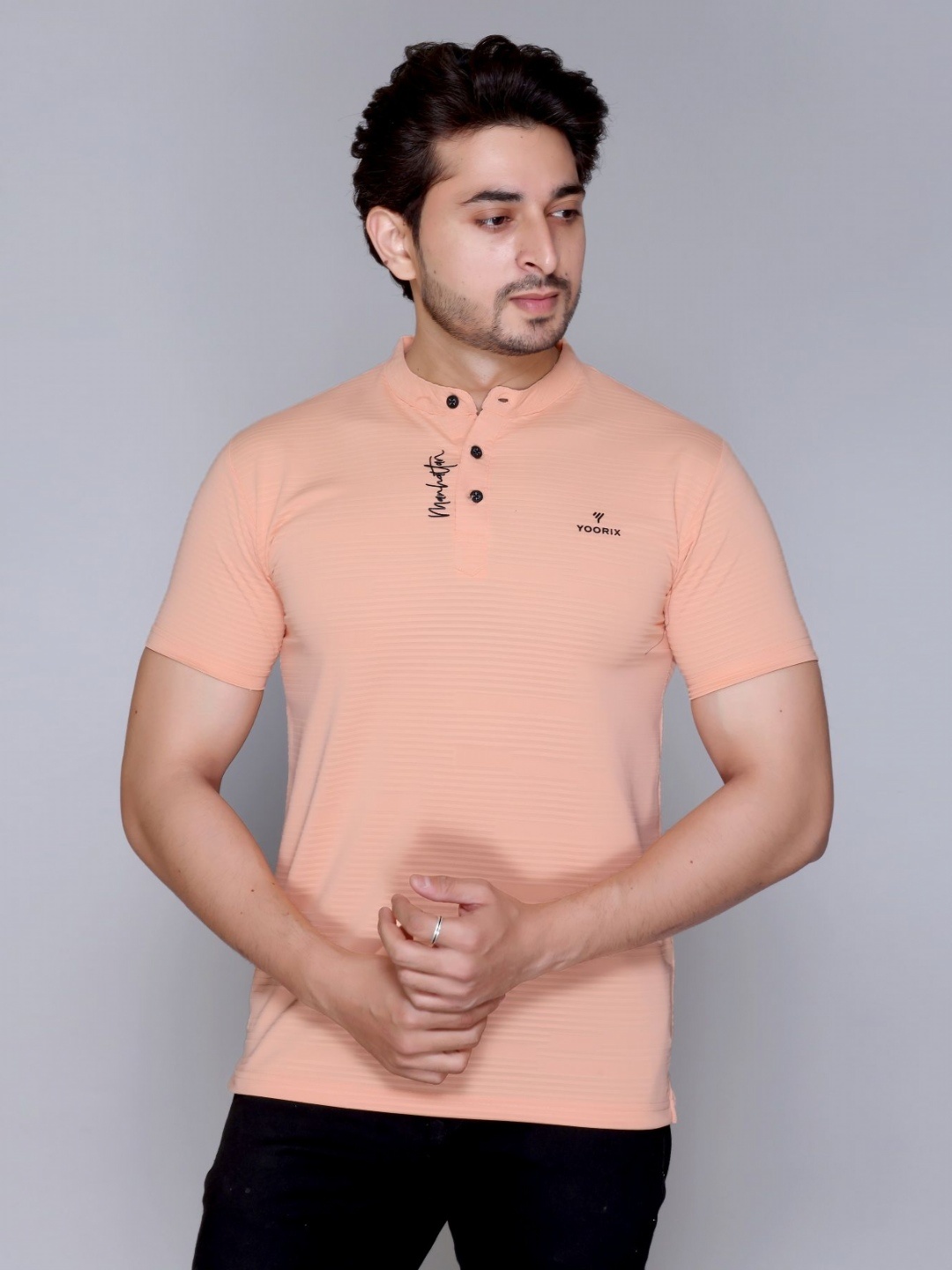 

Yoorix Men Mandarin Collar T-shirt, Peach