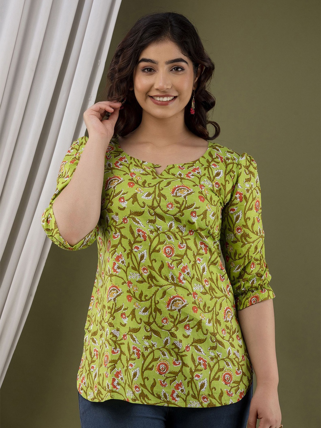 

FEMARY Floral Print Cotton Top, Green