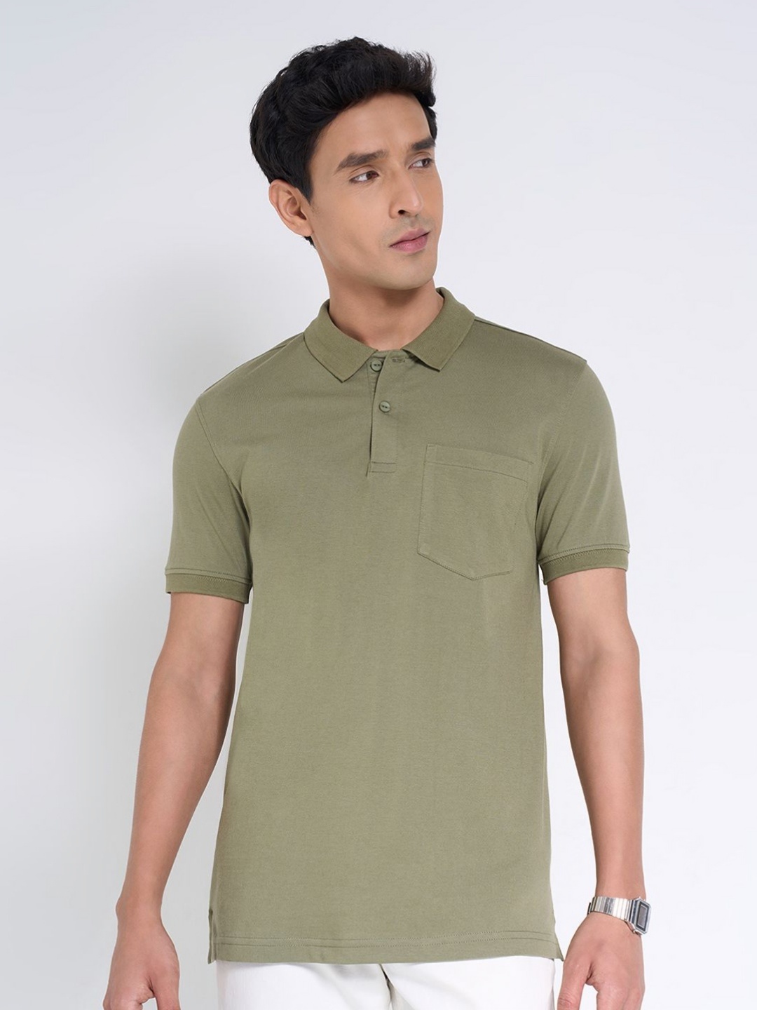 

Peregrine by Pantaloons Men Polo Collar Pockets Slim Fit T-shirt, Green