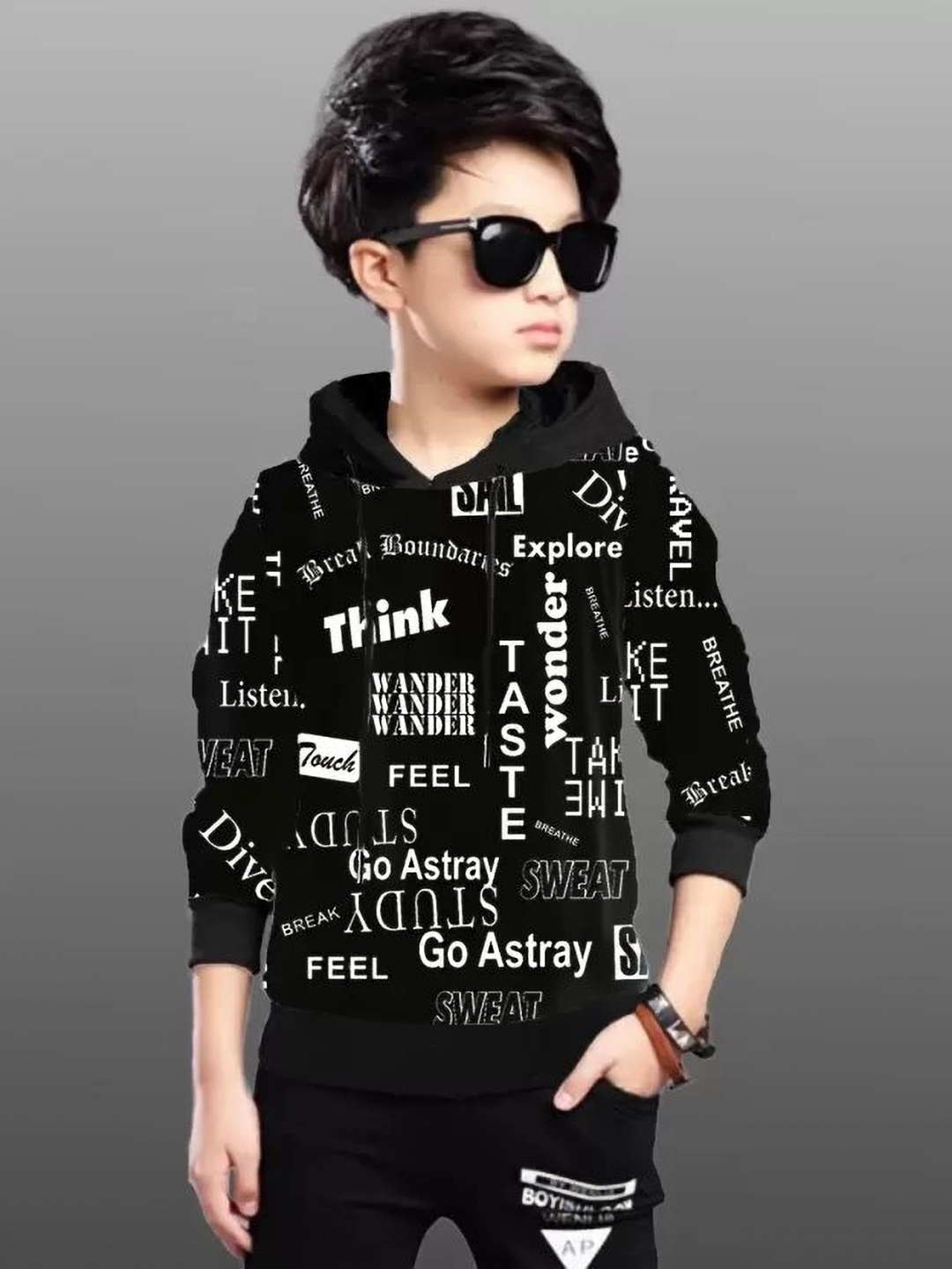 

TICOSS Boys Typography Printed Hooded T-shirt, Black