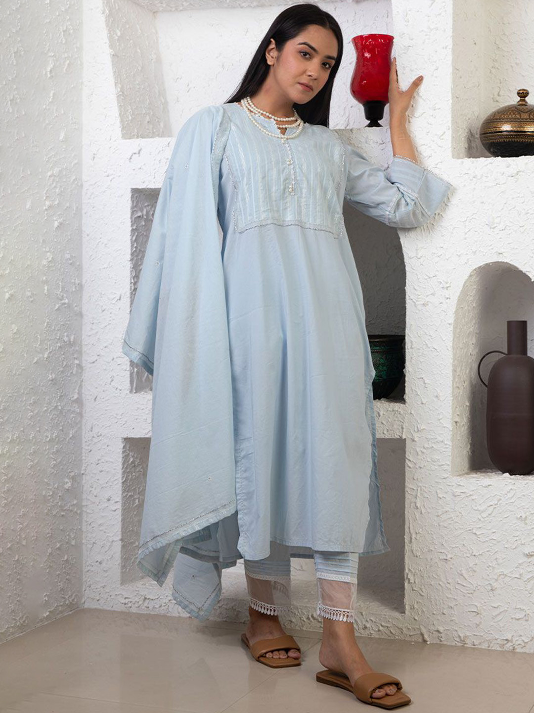 

zuri Women Ethnic Motifs Embroidered Regular Pure Cotton Kurta with Trousers & With Dupatta, Blue