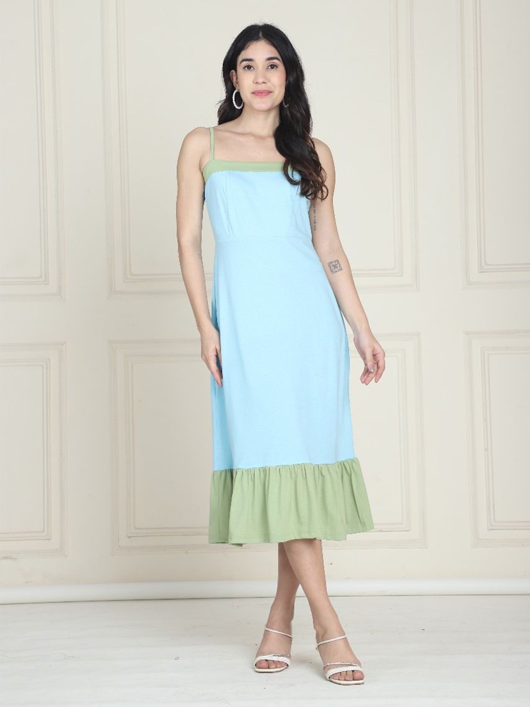 

MINI & MING Colourblocked Ruffled A-Line Midi Dress, Sea green