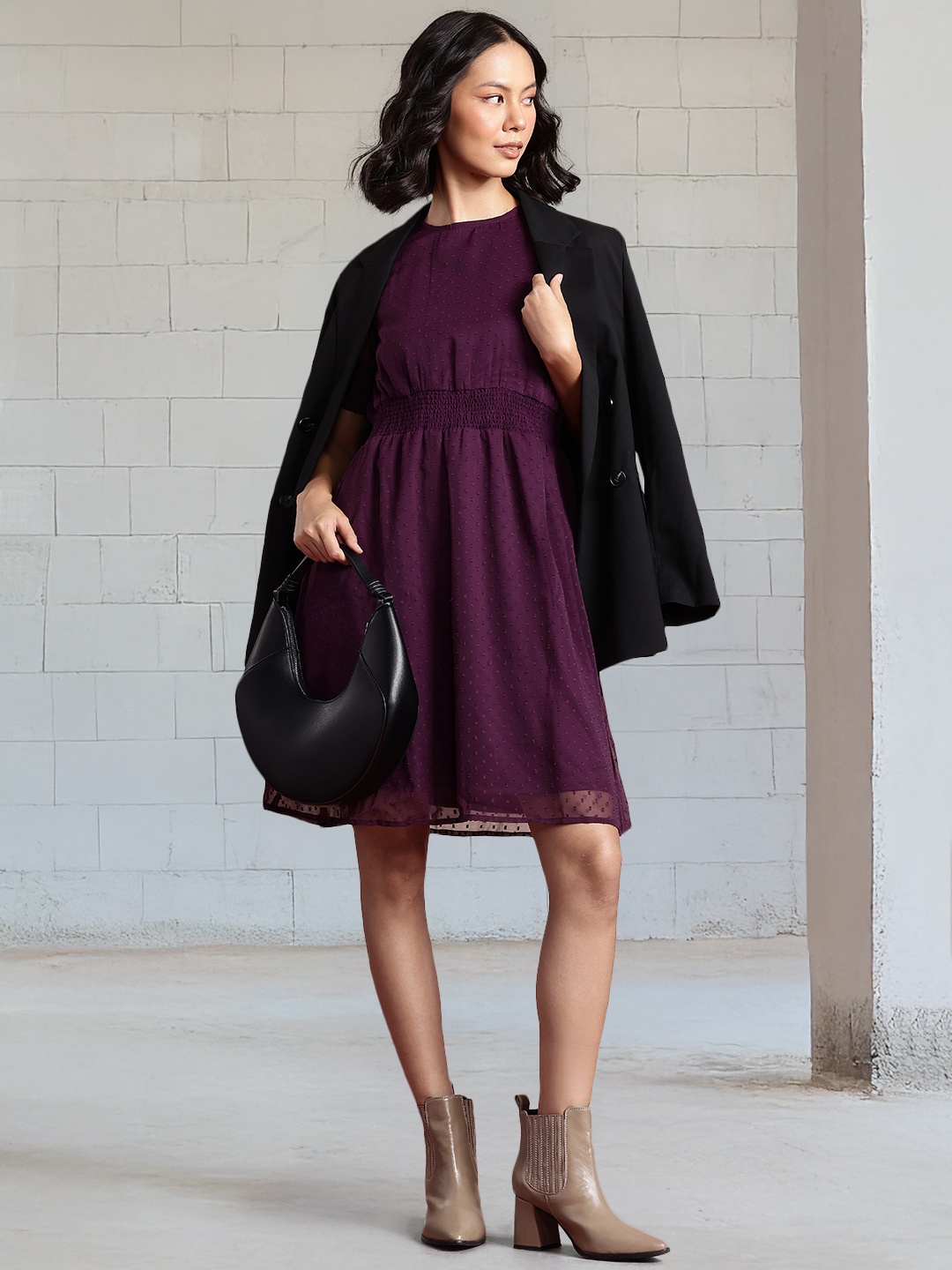 

all about you Dobby Detail Smocked Fit & Flare Dress, Purple