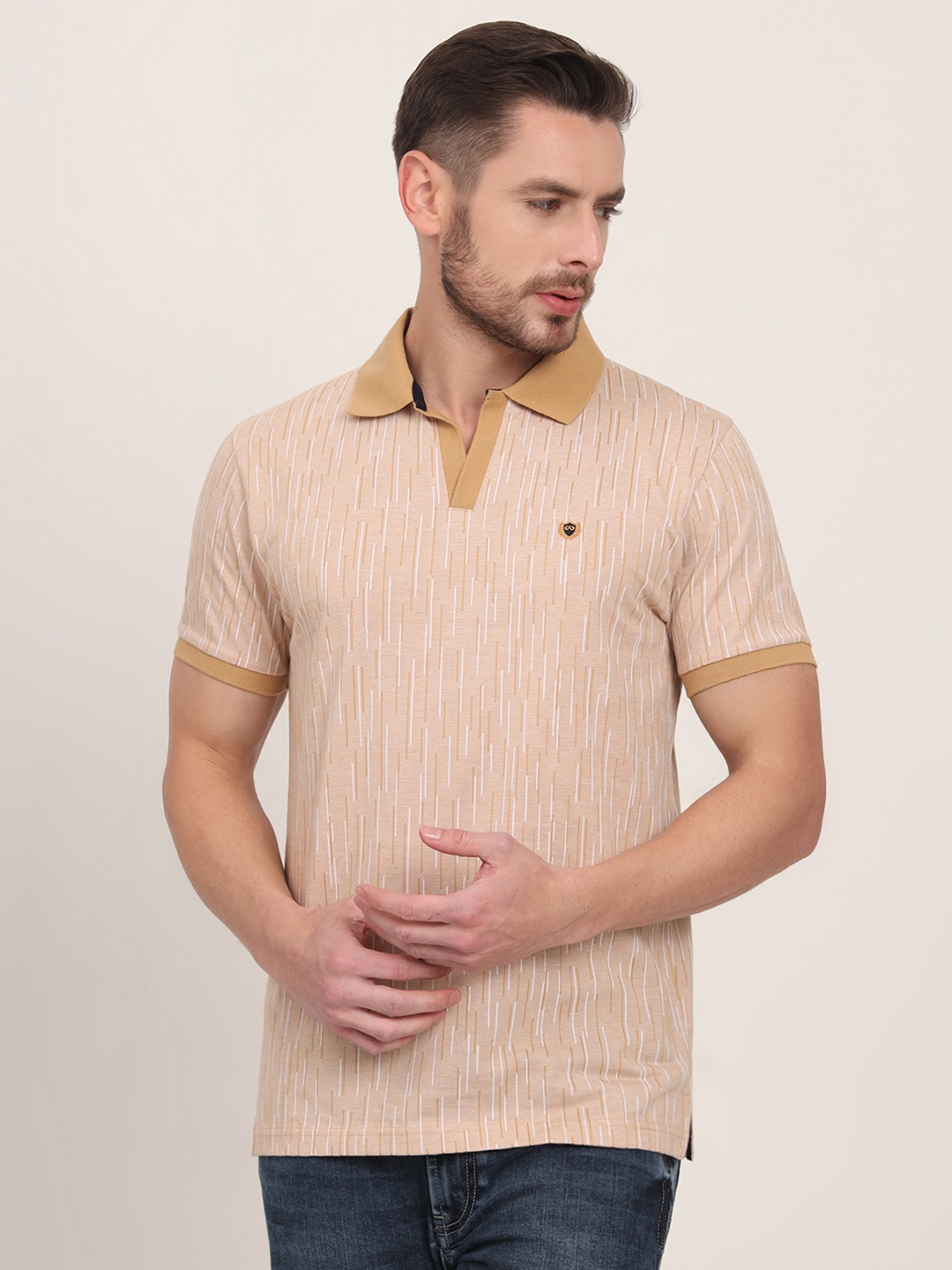

JADE BLUE Men Printed Polo Collar Slim Fit T-shirt, Khaki