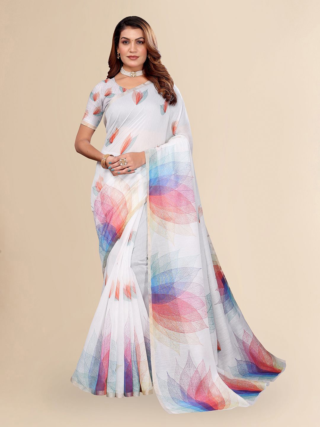 

Moda Rapido Floral Zari Saree, White