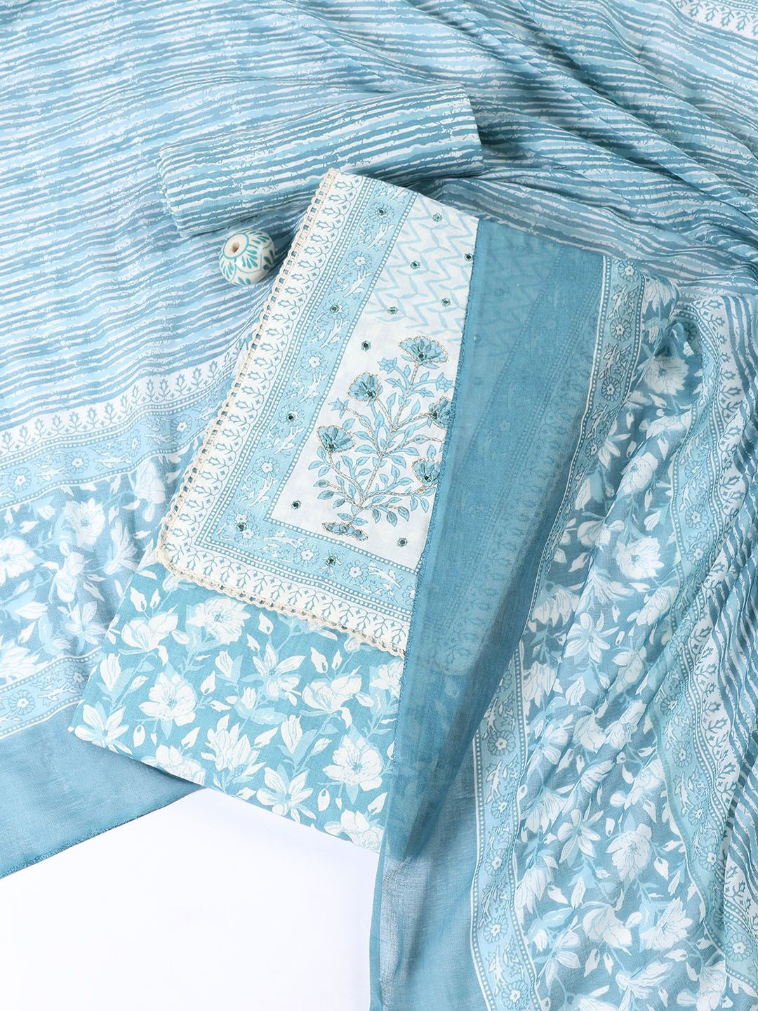 

Meena Bazaar Printed Unstitched Dress Material, Blue