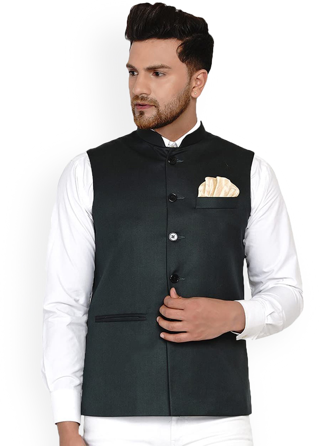 

VEERA PARIDHAAN Mandarin Collar Nehru Jacket, Green