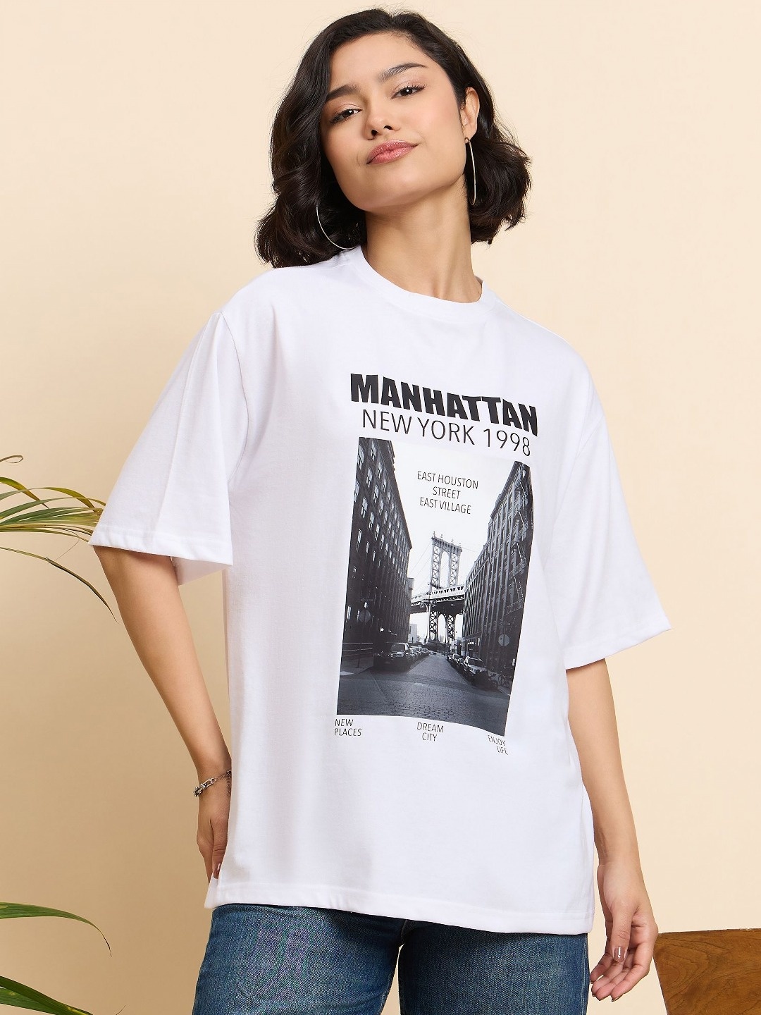 

Mast & Harbour Women Printed Drop-Shoulder Sleeves T-shirt, White