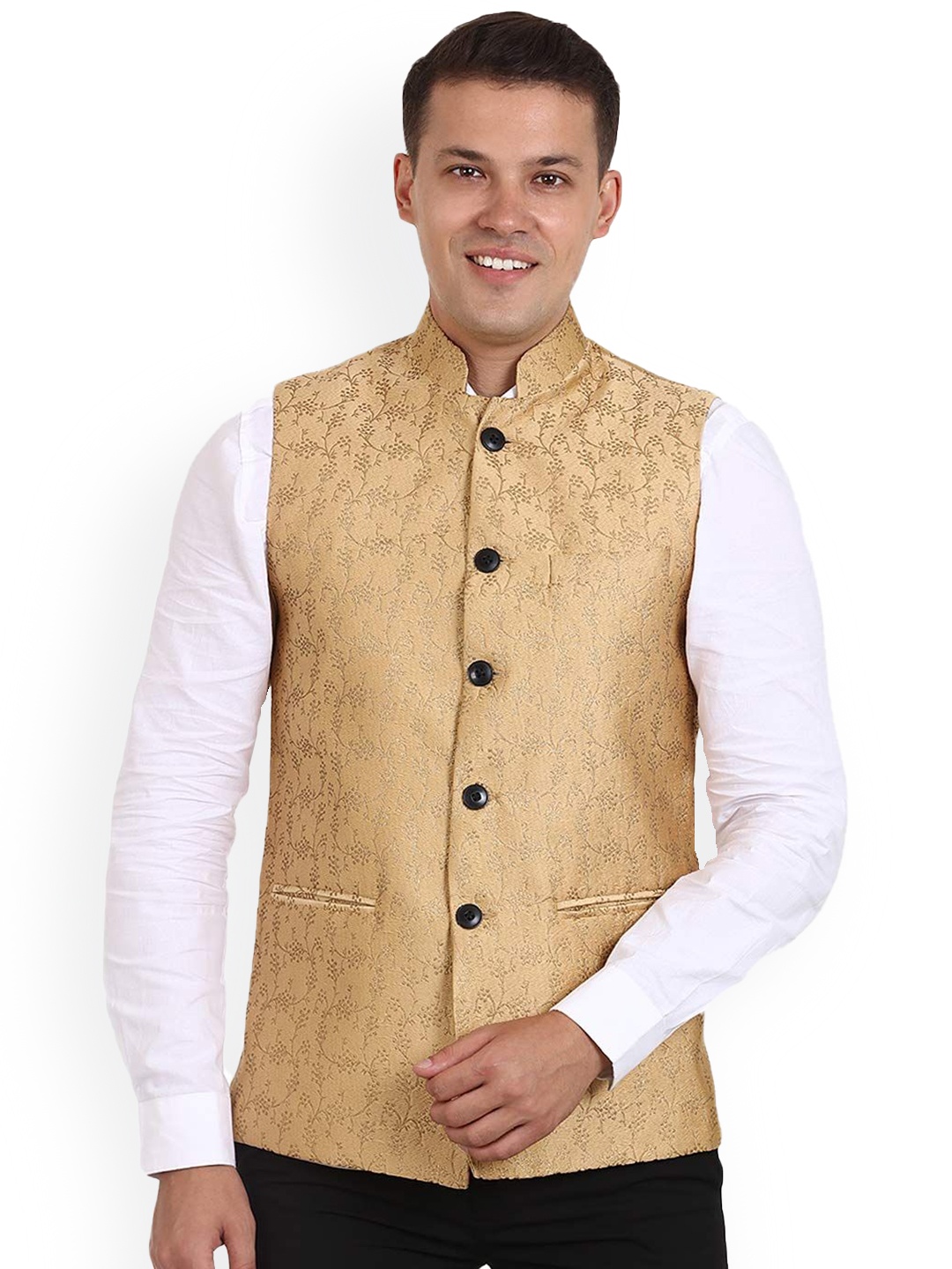 

VEERA PARIDHAAN Banarsi Printed Mandarin Collar Nehru Jacket, Gold