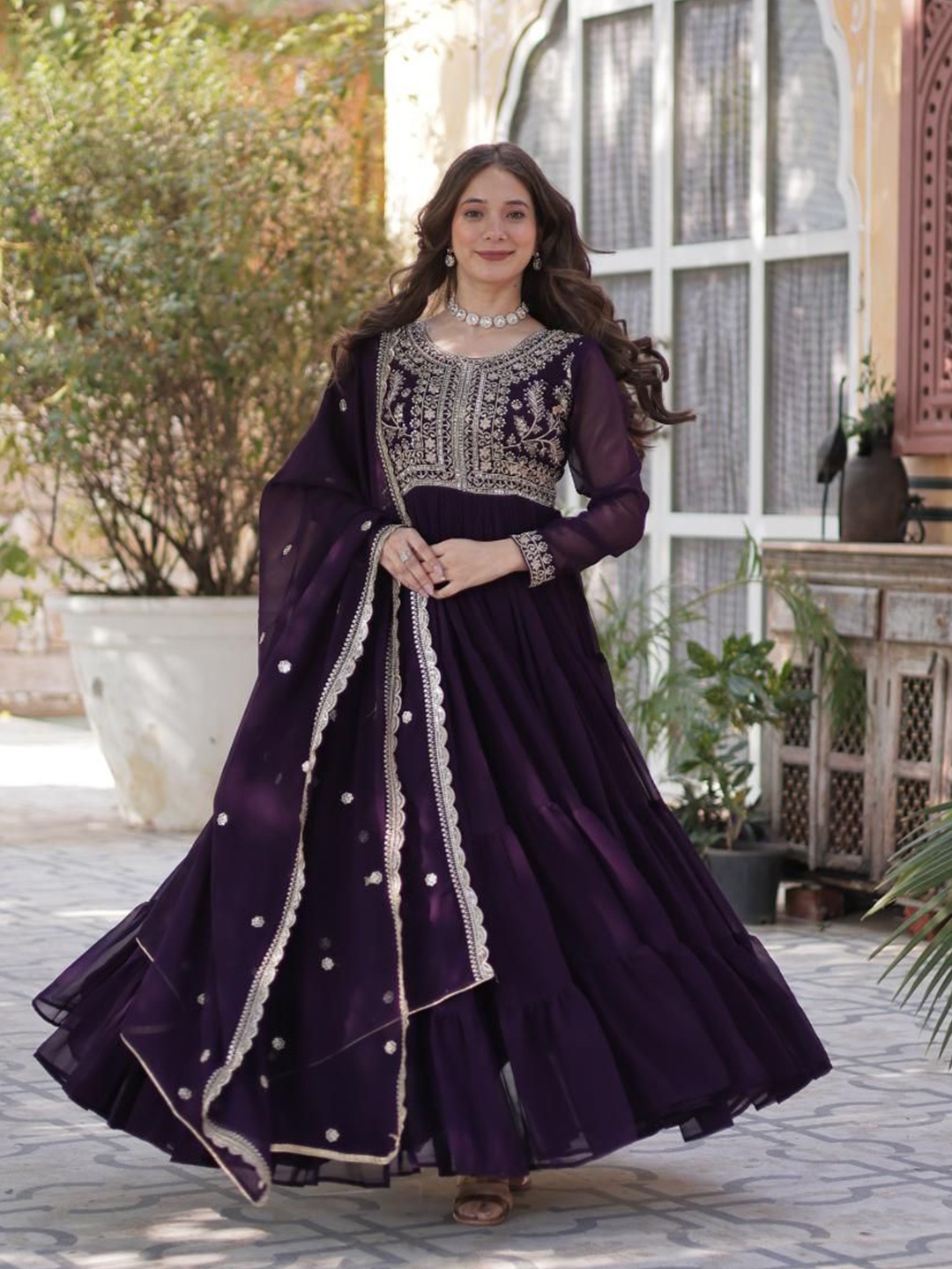 

Tilton Georgette Sequins Embroidered Pearl Flared Gown With Heavy Dupatta, Magenta