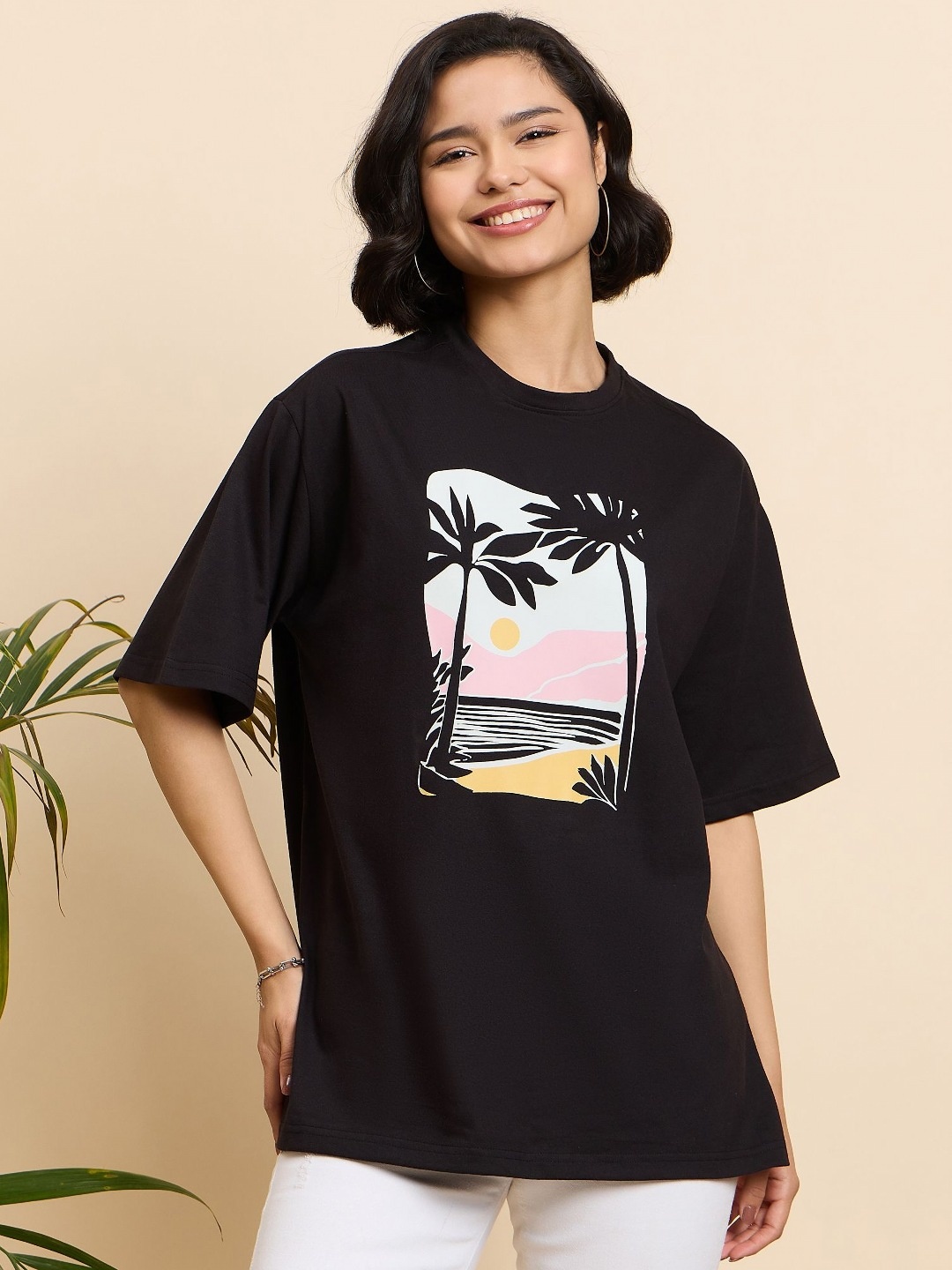 

Mast & Harbour Women Printed Drop-Shoulder Sleeves T-shirt, Black