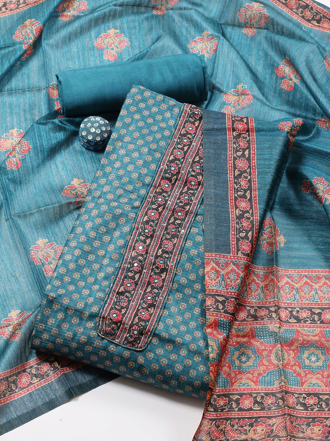 

Meena Bazaar Printed Art Silk Unstitched Dress Material, Teal