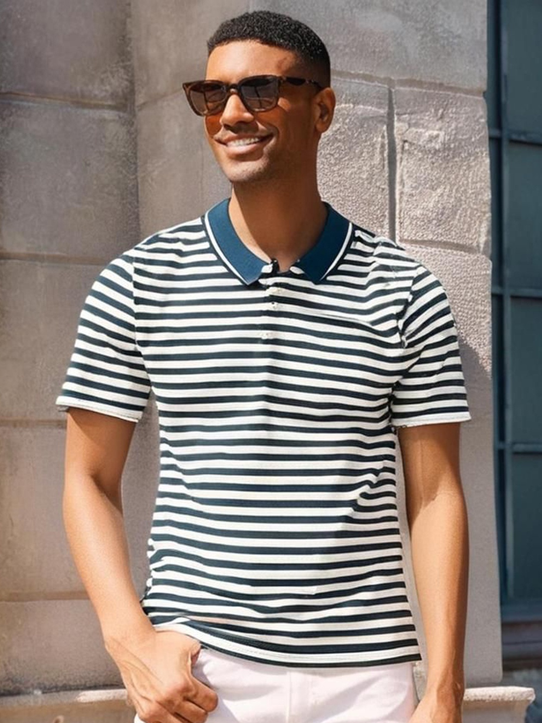 

MACK JONNEY Men Striped Polo Collar Pockets T-shirt, Blue