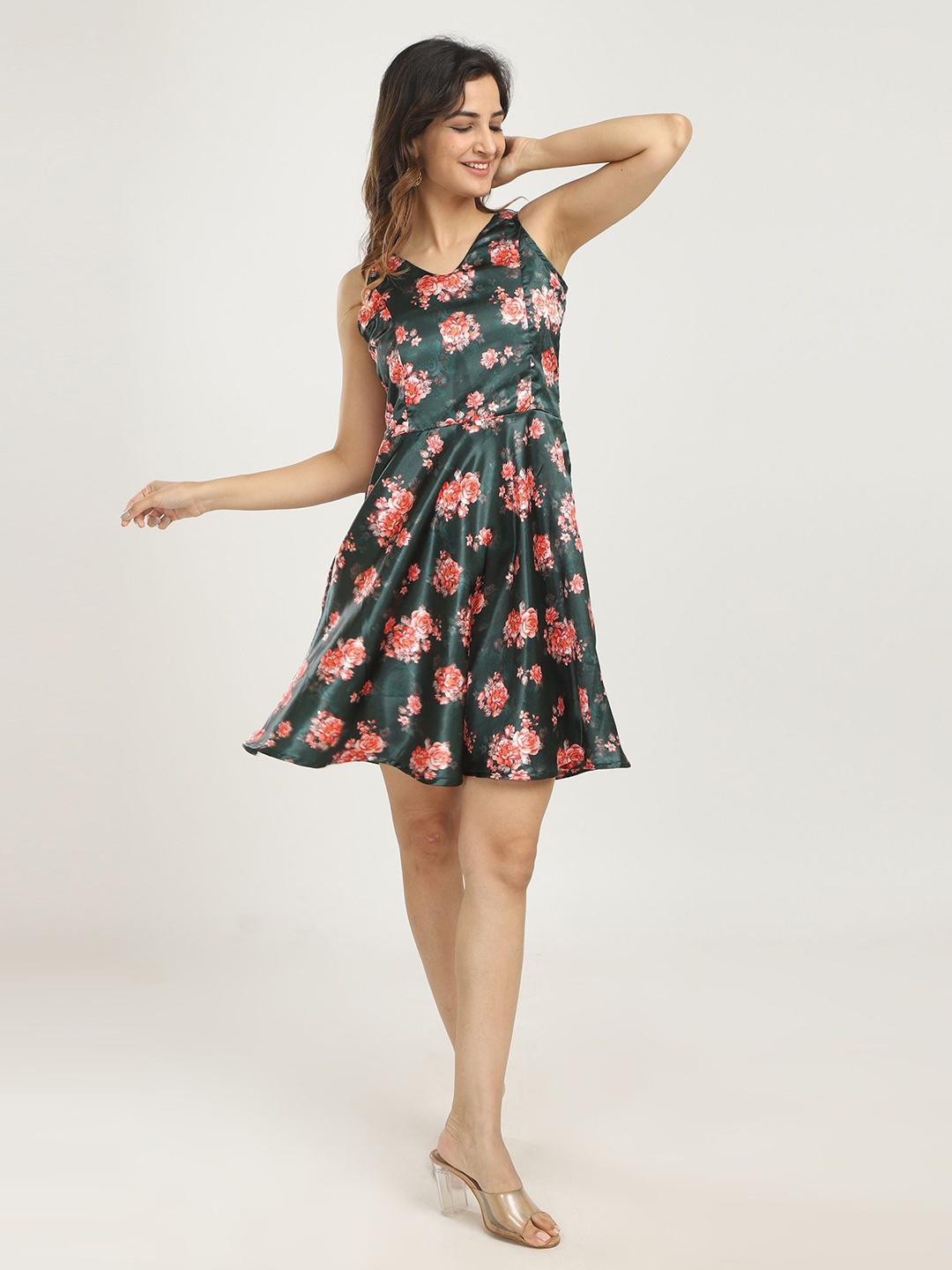 

URBAN POCHE Floral Print Satin Fit & Flare Dress, Green