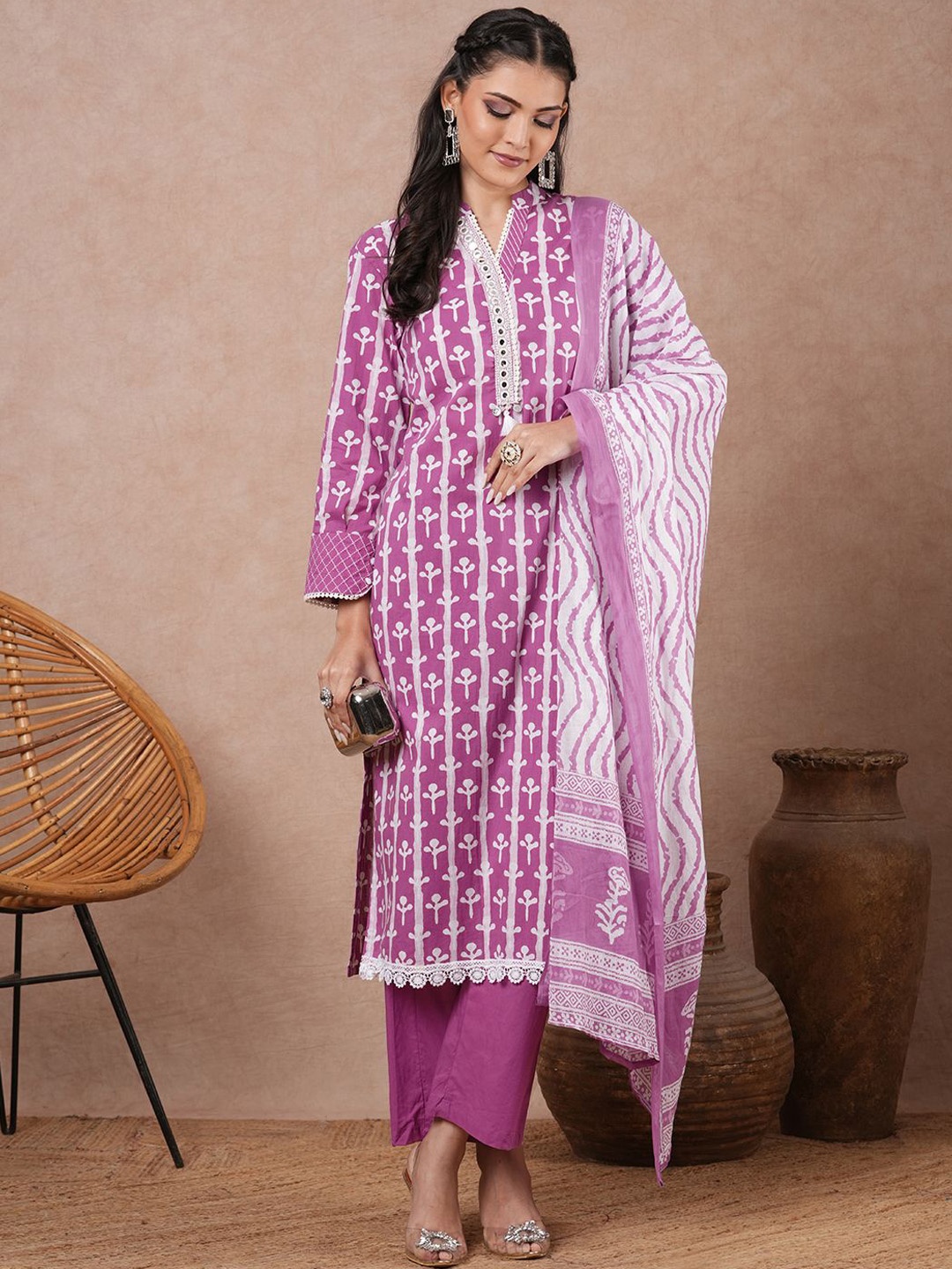 

FASHOR Women Ethnic Motifs Printed Regular Mirror Work Pure Cotton Kurta with Trousers & With Dupatta, Purple