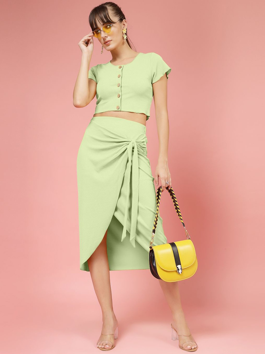 

DressBerry Stretchable Crop Top With Skirt Co-Ords, Green