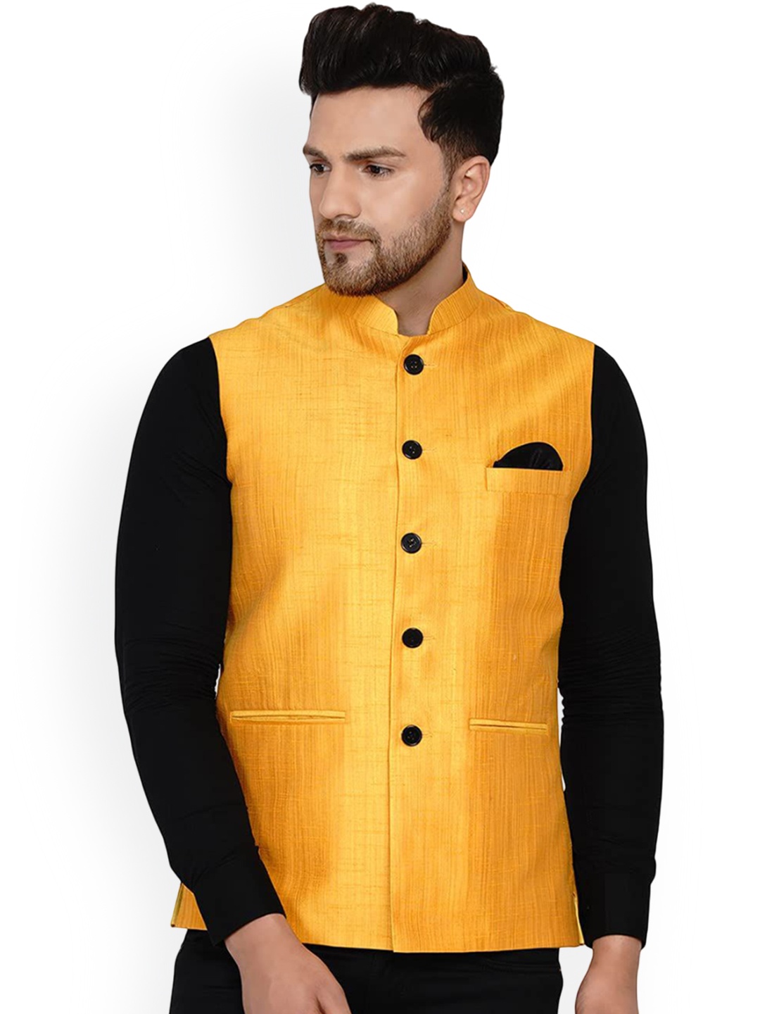

VEERA PARIDHAAN Banarasi Mandarin Collar Nehru Jacket, Yellow