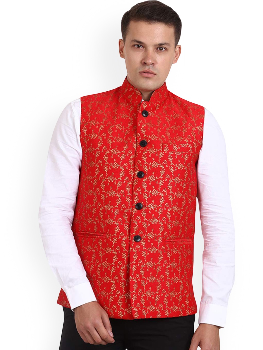 

VEERA PARIDHAAN Printed Banarsi Nehru Jacket, Red