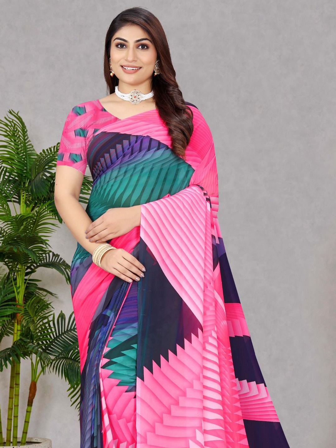 

P D Silk Mills Striped Pure Georgette Saree, Pink