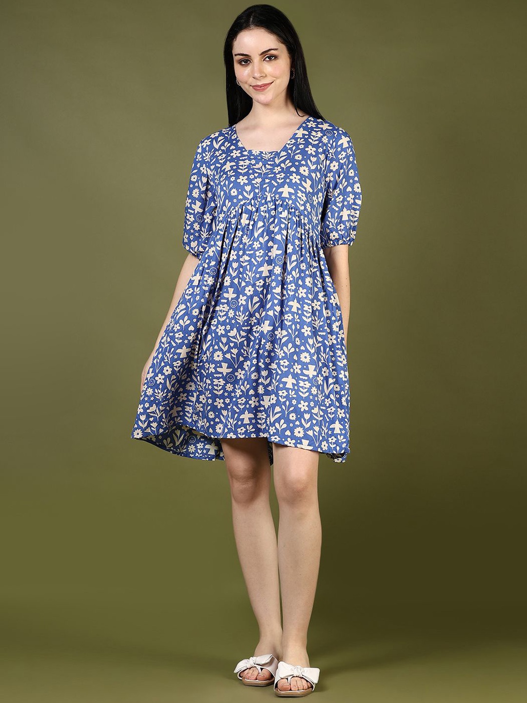 

V-Mart Printed Cotton Fit & Flared Above Knee Ethnic Dresses, Blue