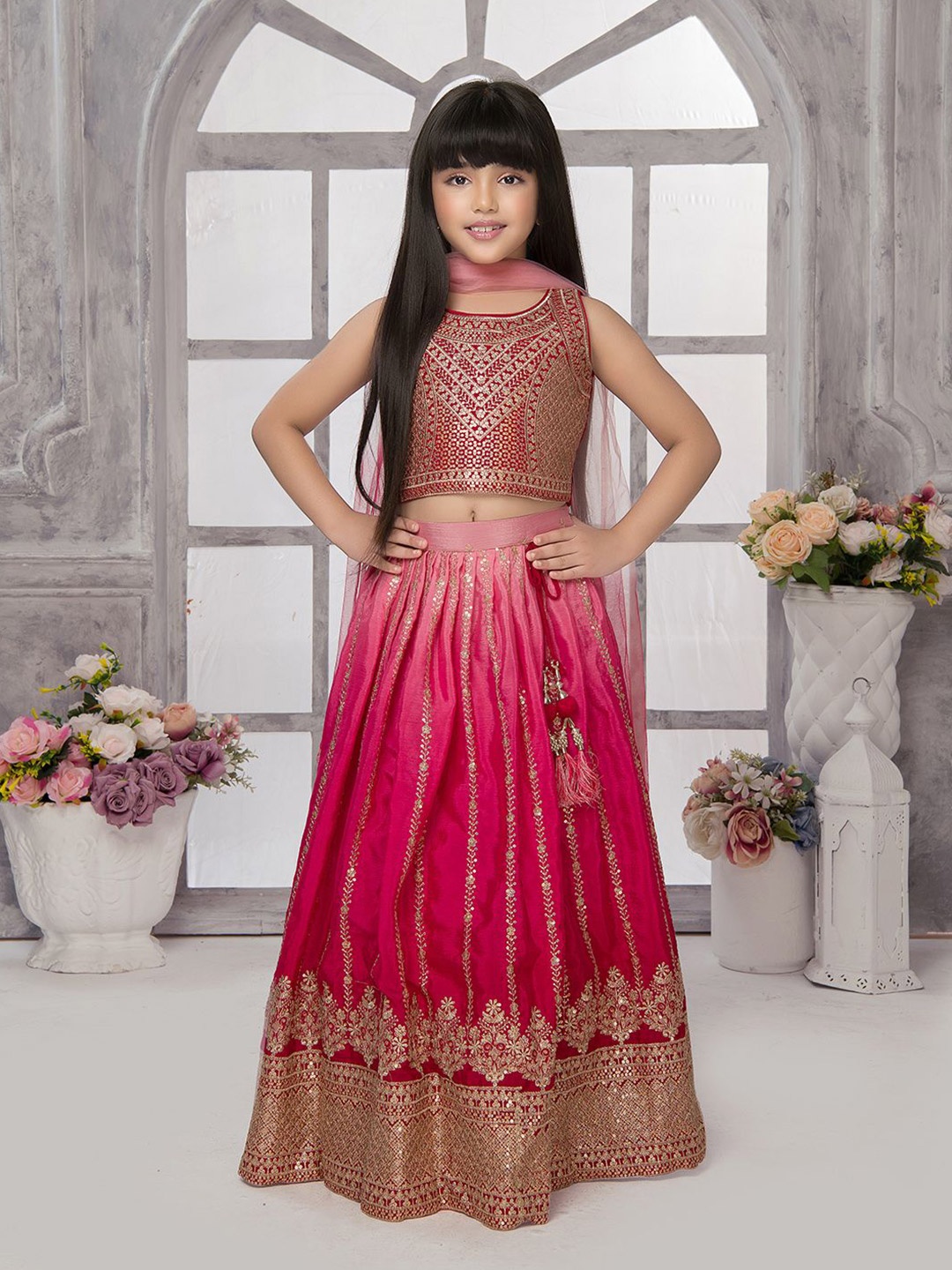 

Tiny Kingdom Girls Embroidered Sequinned Ready to Wear Lehenga & Blouse With Dupatta, Pink