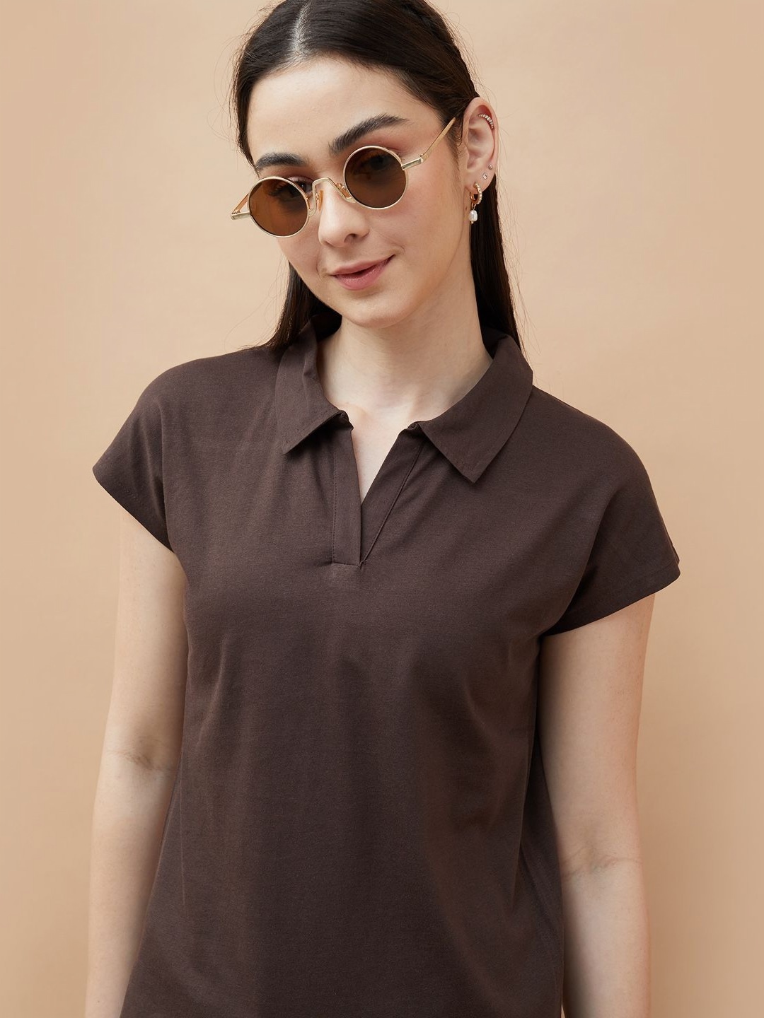 

Fame Forever by Lifestyle Women Polo Collar Extended Sleeves Pockets T-shirt, Brown