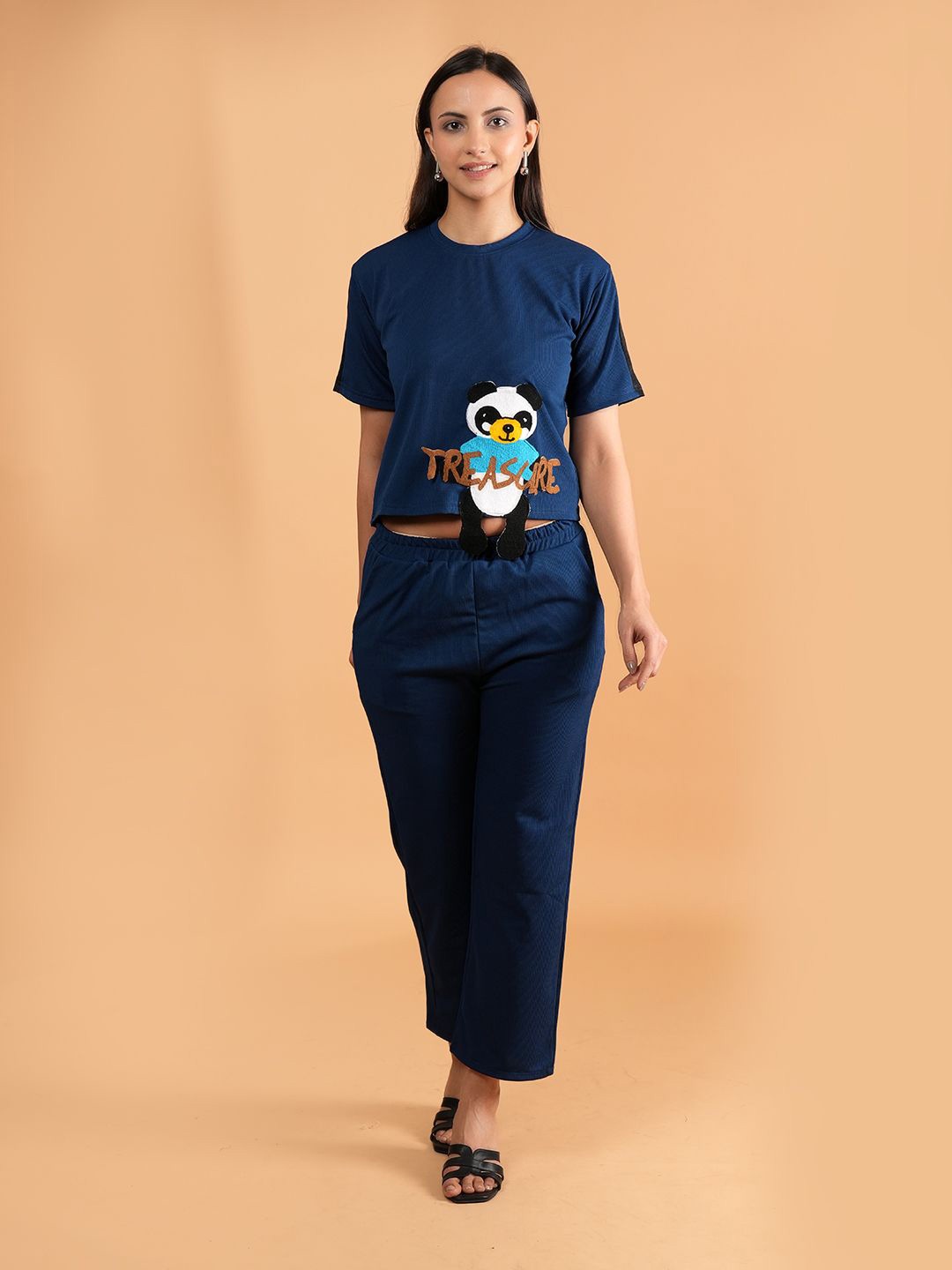 

Belfry Animal Printed Round Neck T-Shirt With Trousers Co-Ords, Navy blue