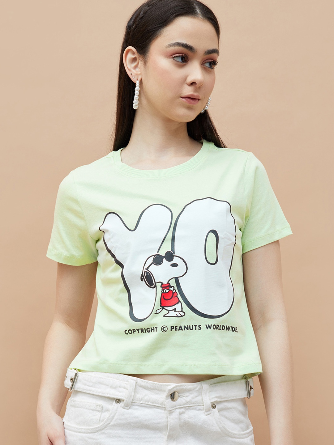 

Ginger by Lifestyle Women Peanuts-Snoopy Printed T Shirt, Green