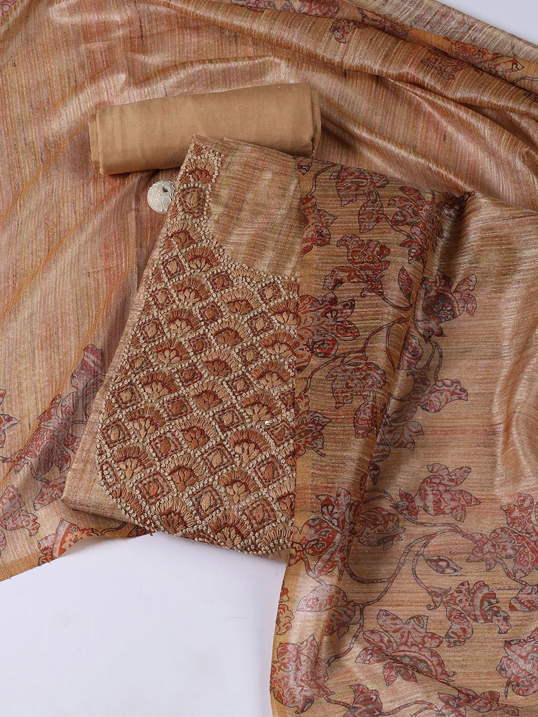 

Meena Bazaar Printed Art Silk Unstitched Dress Material, Brown