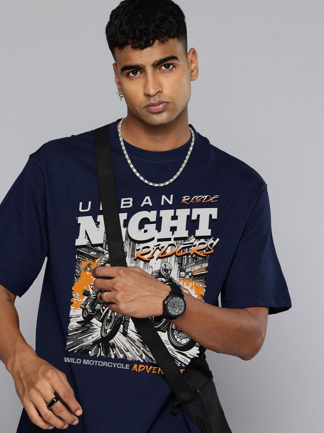 

R.Code by The Roadster Life Co. Men Biker Printed Applique T-shirt, Navy blue