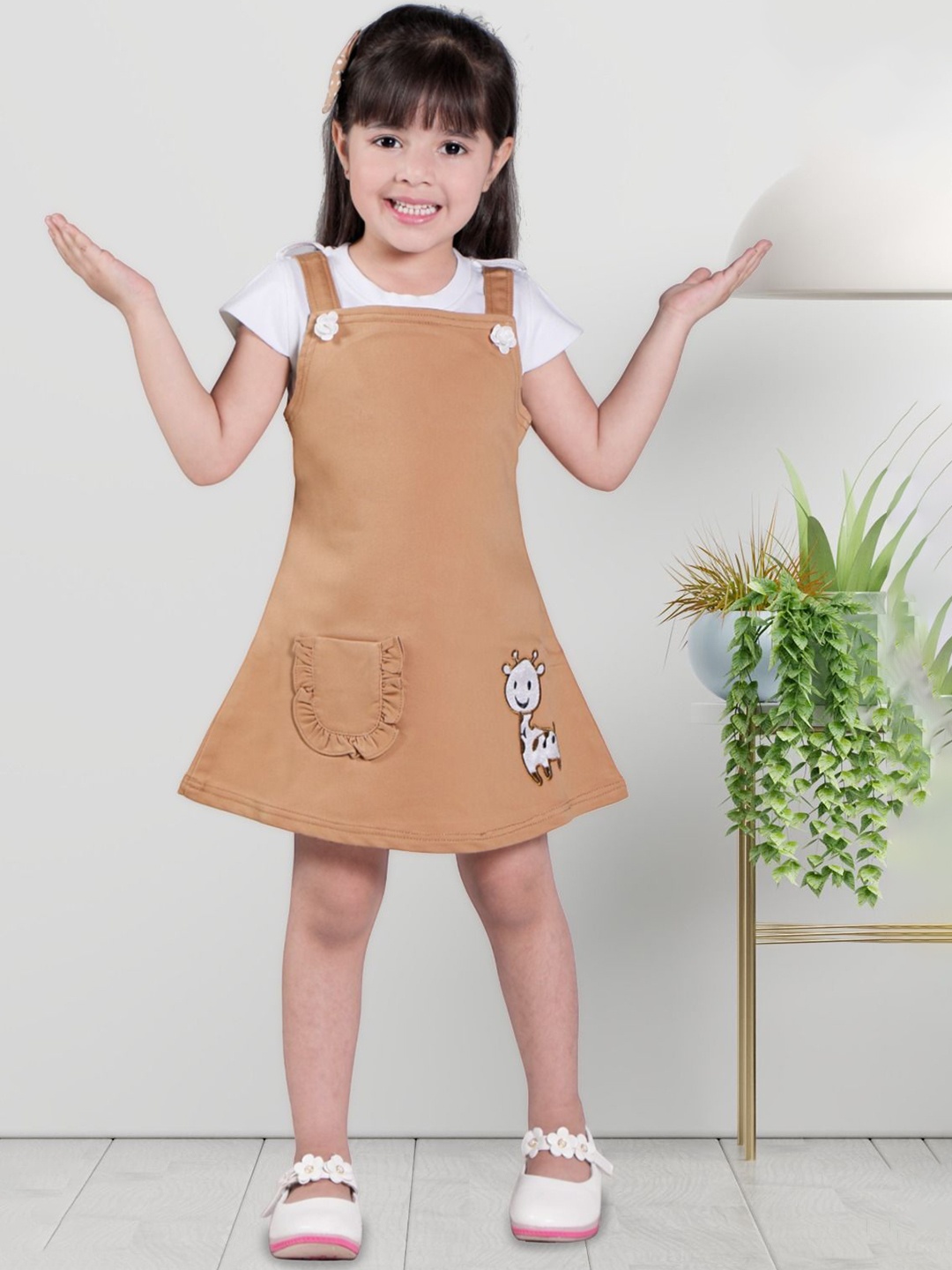 

kidoz Girls Embroidered Cotton Dungaree With T-Shirt, Mustard
