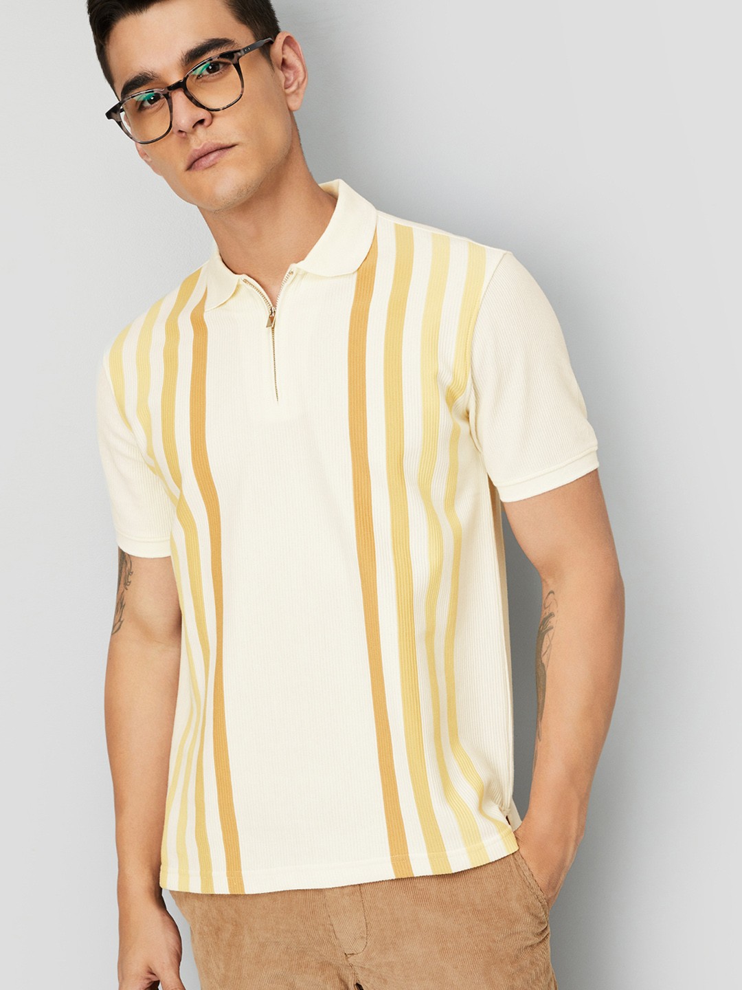 

max Men Striped Polo Collar Raw Edge T-shirt, Yellow