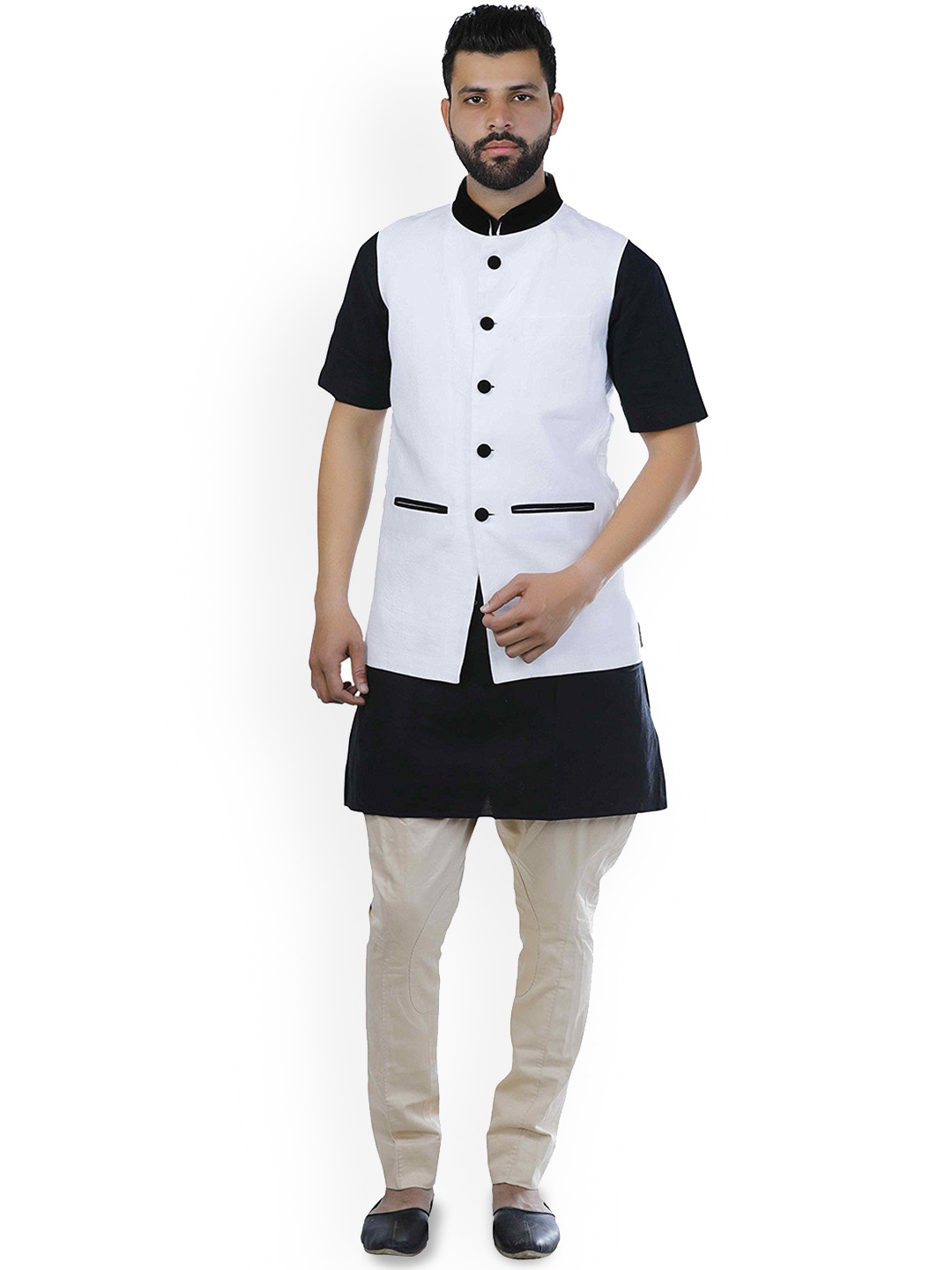 

VEERA PARIDHAAN Jute Cotton Mandarin Collar Nehru Jacket, White