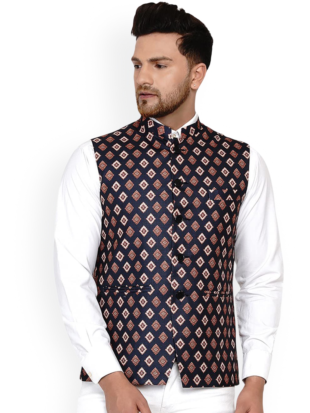 

VEERA PARIDHAAN Pure Cotton Printed Mandarin Collar Nehru Jacket, Brown