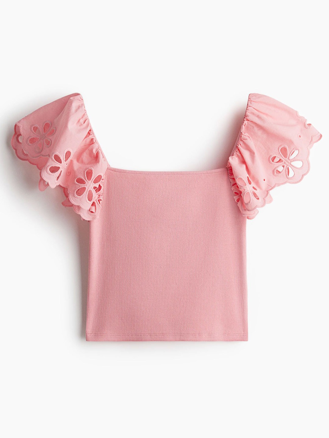 

H&M Broderie Anglaise-Detail Ribbed Top, Pink