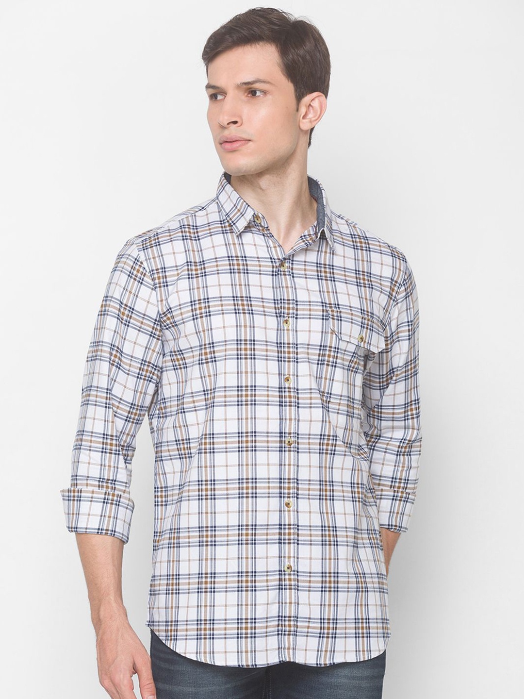 

SNX Men Tailored Fit Tartan Checks Opaque Checked Casual Shirt, White