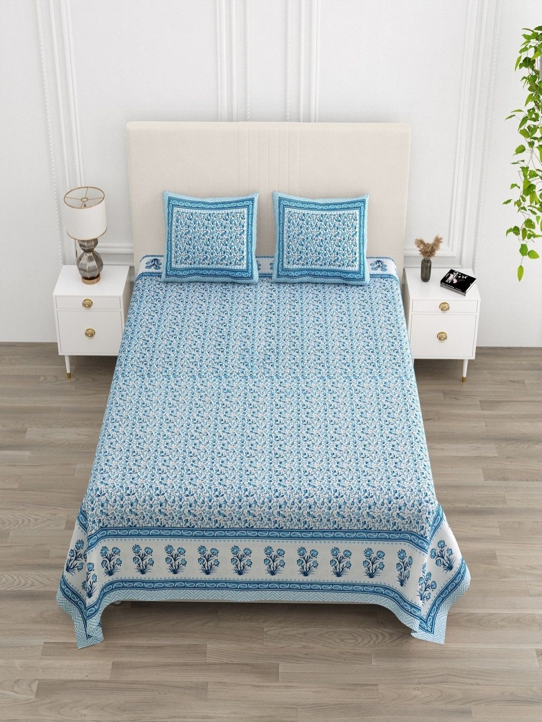 

CHICERY Blue & White Floral 210 TC King Bedsheet with 2 Pillow Covers