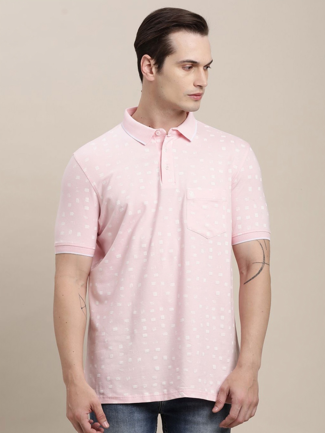 

Turtle Men Printed Polo Collar Pockets Slim Fit T-shirt, Peach