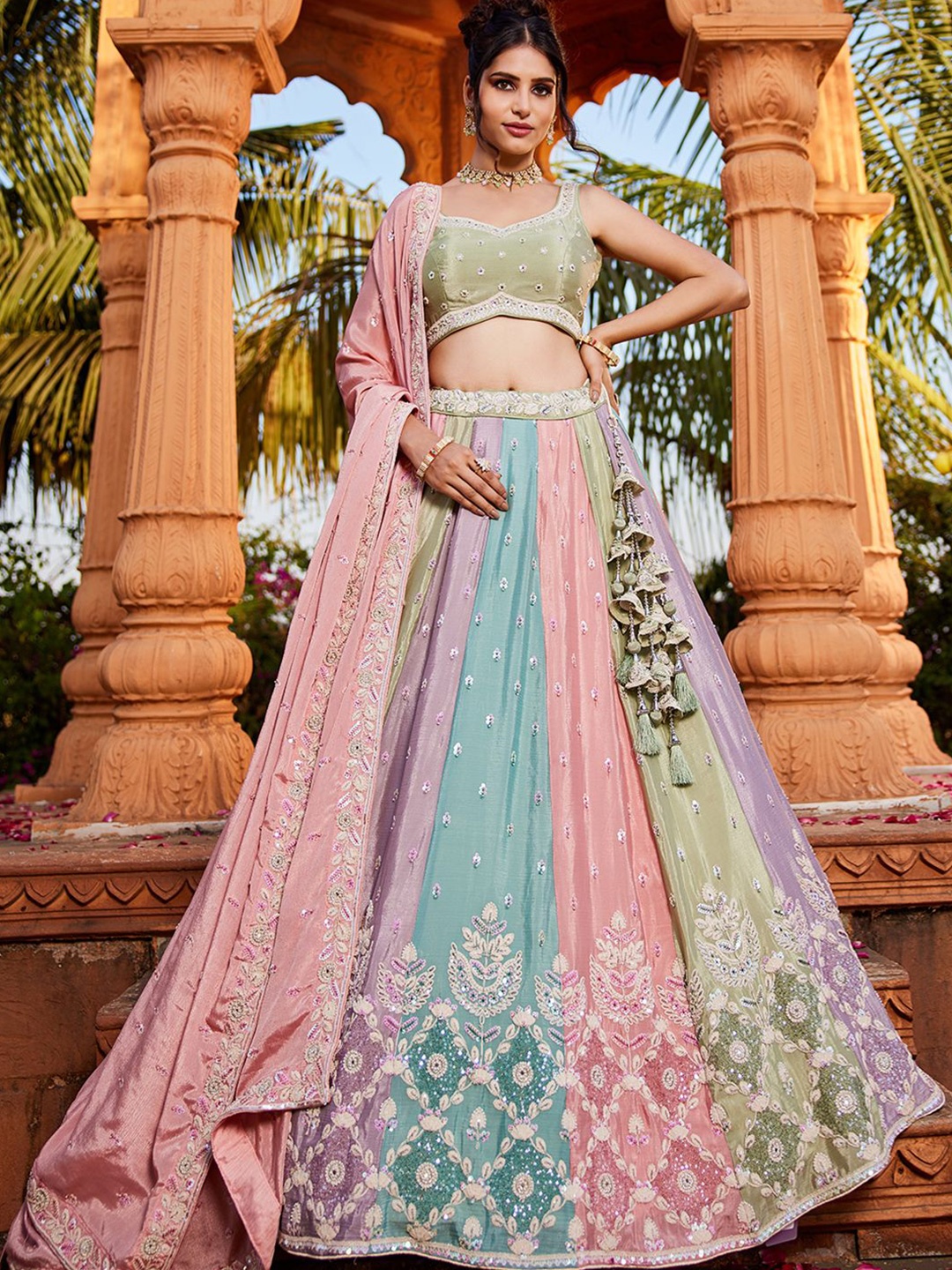

panchhi Embroidered Beads and Stones Semi-Stitched Lehenga & Unstitched Blouse With Dupatta, Pink