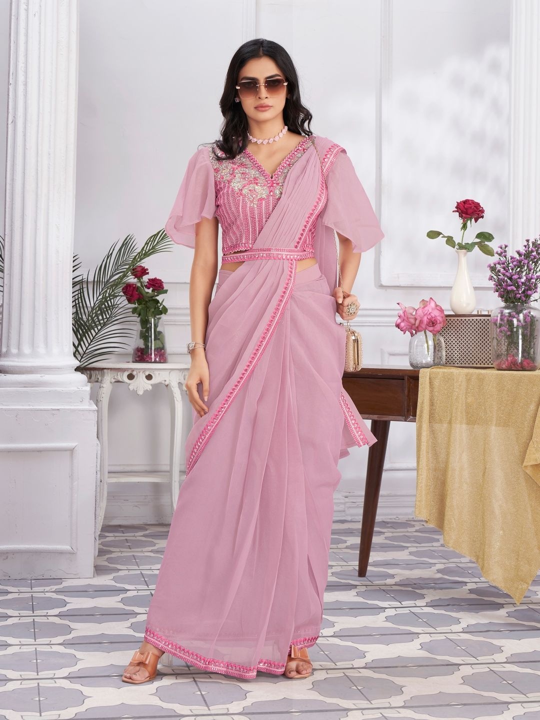 

Suha Floral Embroidered Poly Georgette Ready to Wear Saree, Pink