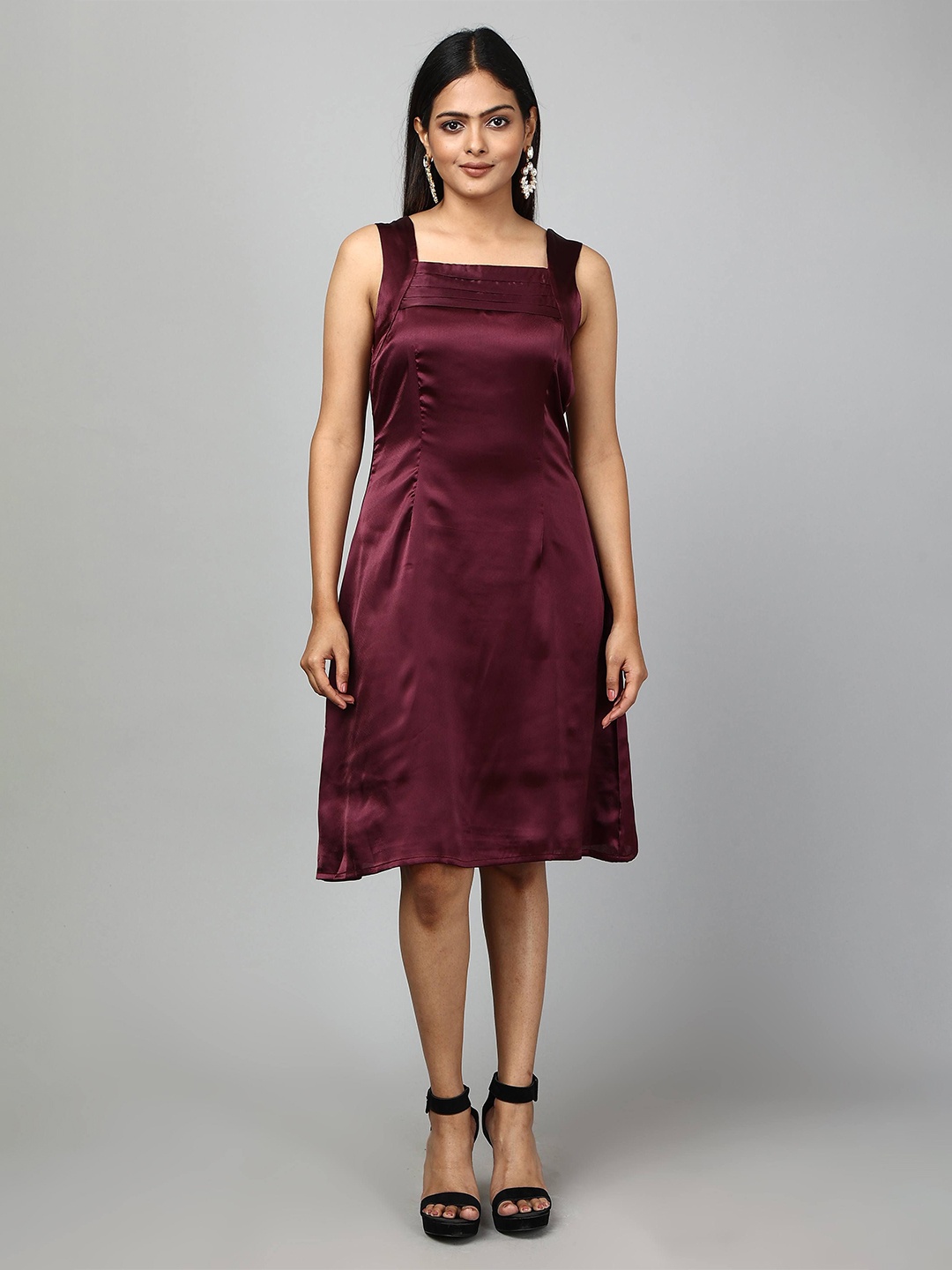 

URBAN POCHE Satin Fit & Flare Dress, Coffee brown
