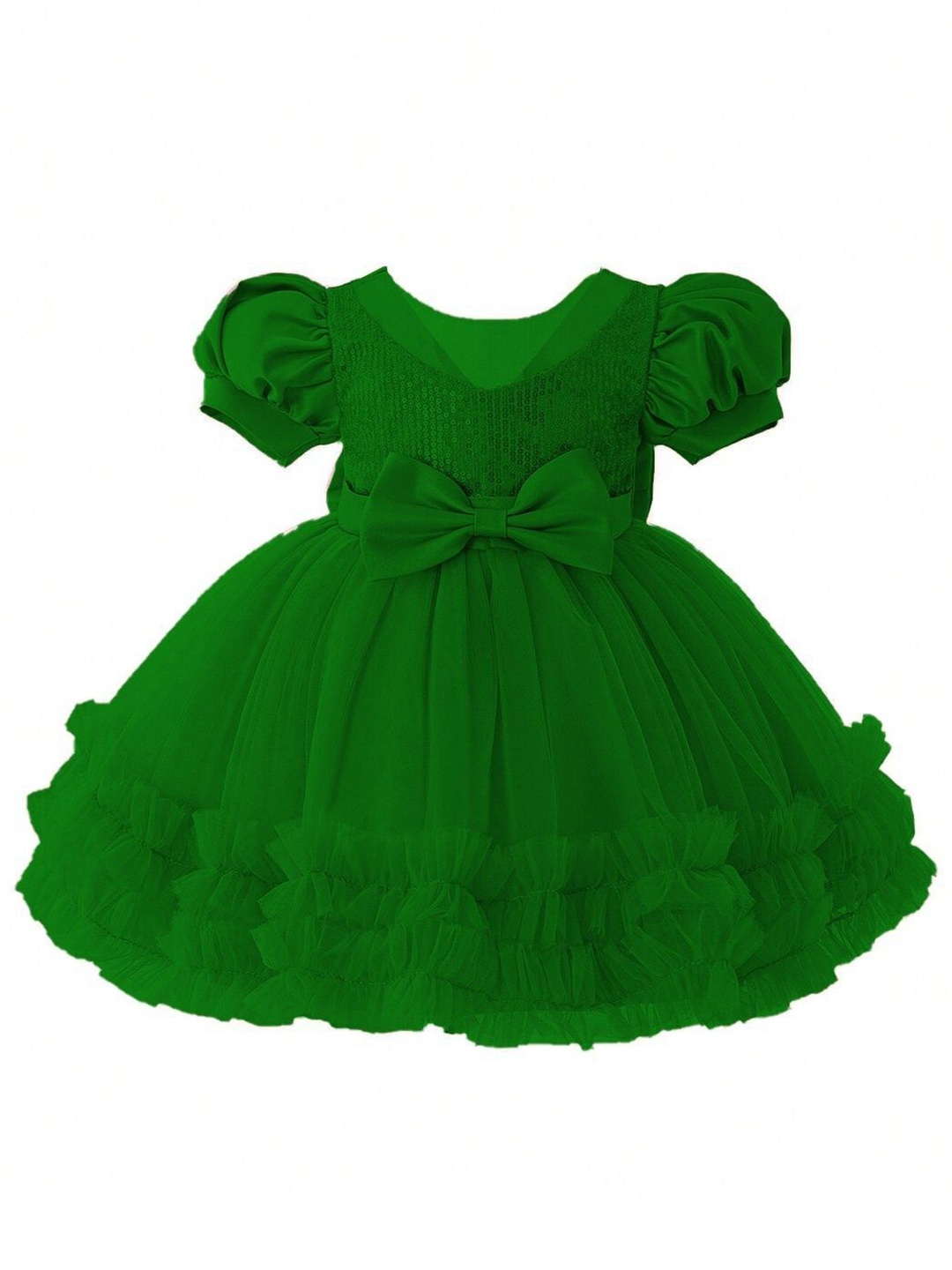 

Miss & Chief Embellished Embroidered Puff Sleeve Net Fit & Flare Dress, Green