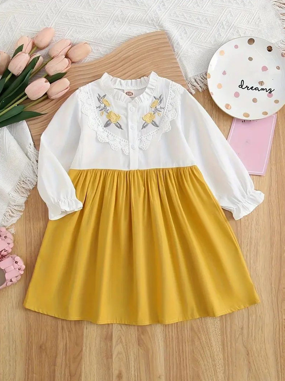 

SK DRESSES Floral Embroidered Puff Sleeve Fit & Flare Dress, Yellow