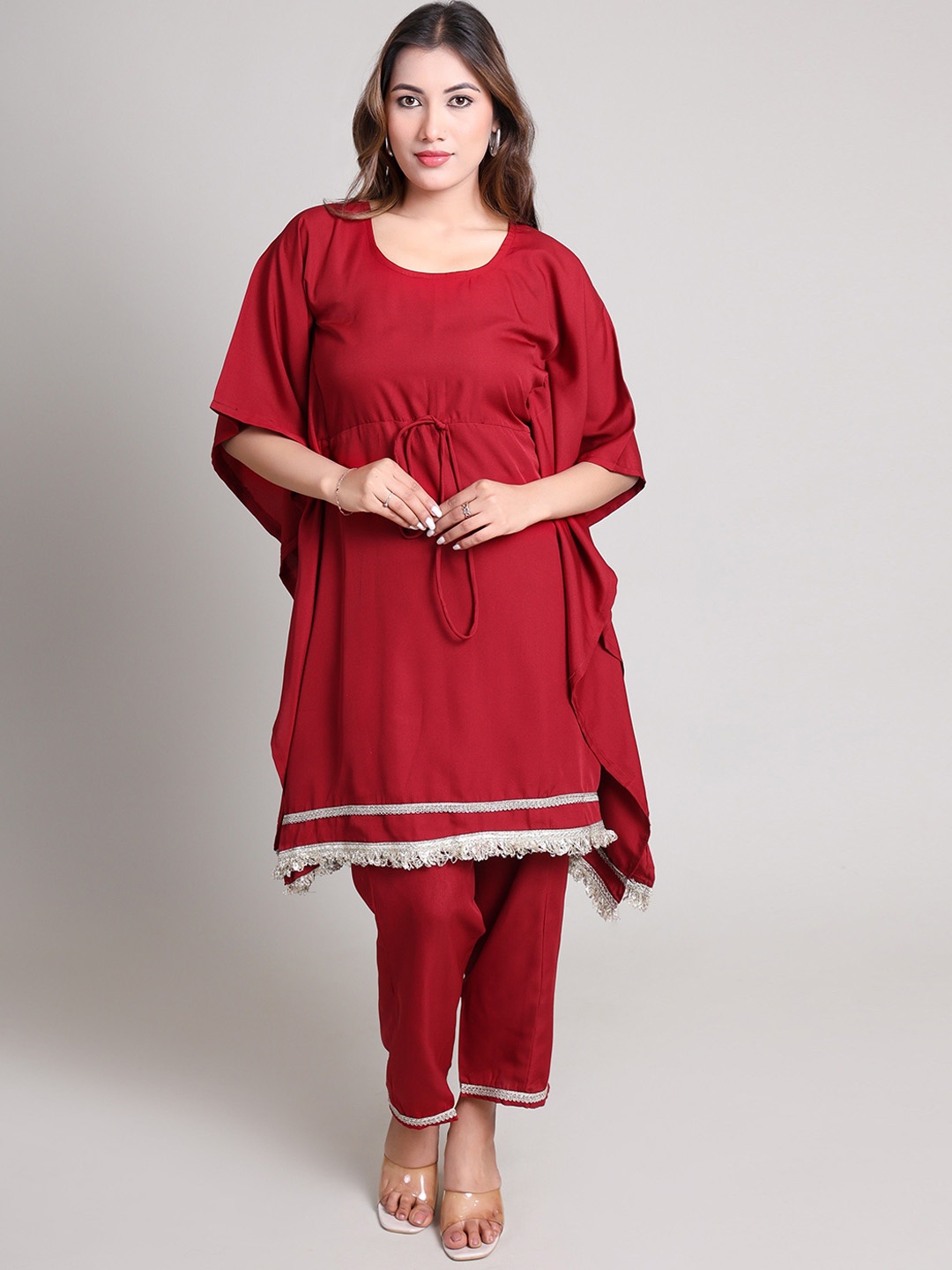 

BAVLA Round Neck Top With Palazzos Co-Ords, Maroon