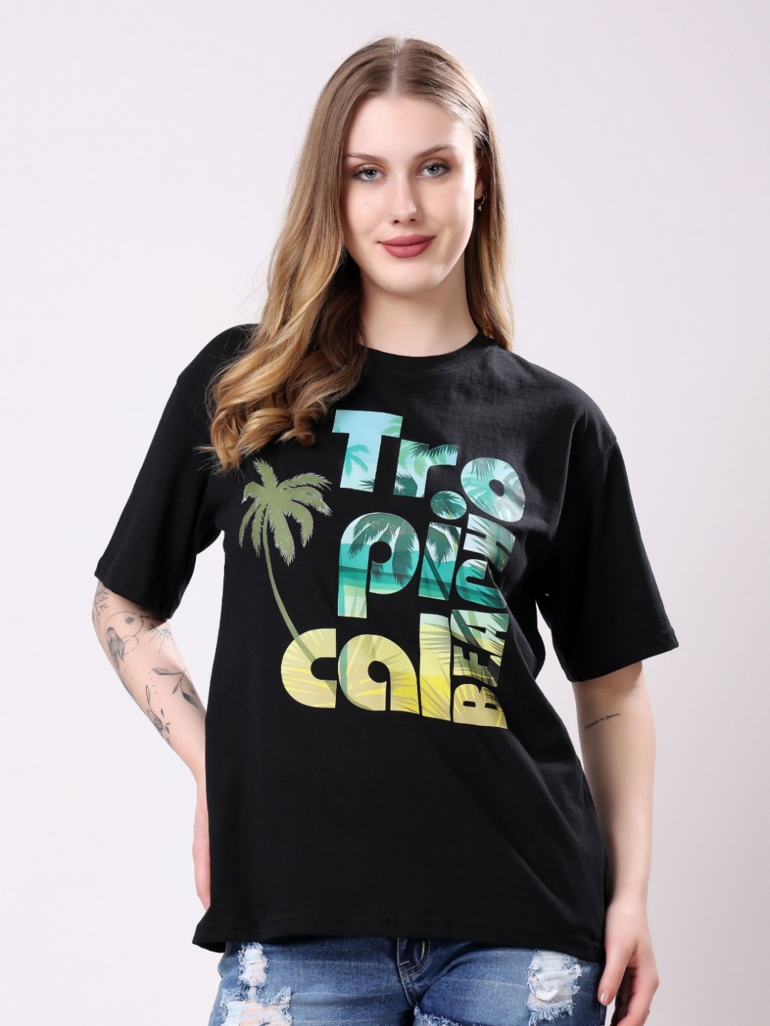 

London Hills Women Printed Drop-Shoulder Sleeves T-shirt, Black