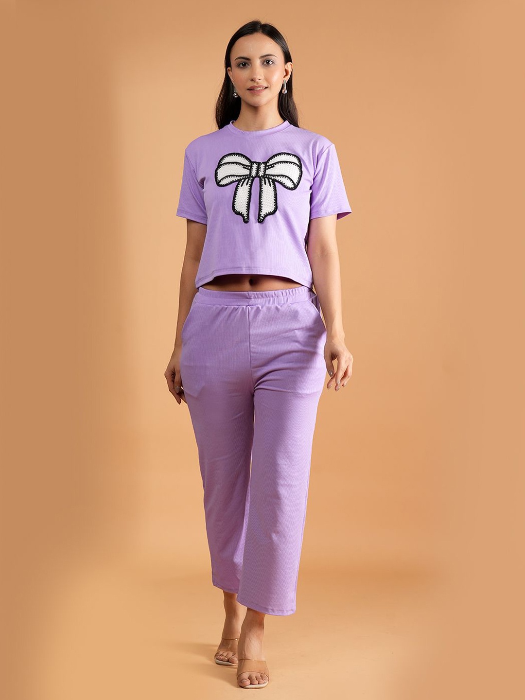 

Belfry Bow Printed Round Neck T-Shirt With Trousers Co-Ords, Purple