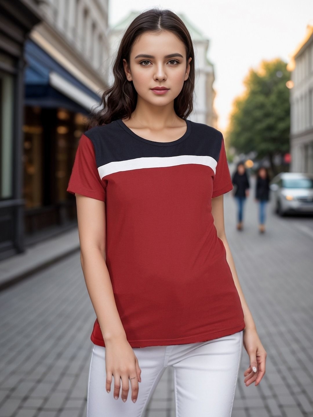 

DressBerry Women Colourblocked Pockets T-shirt, Maroon