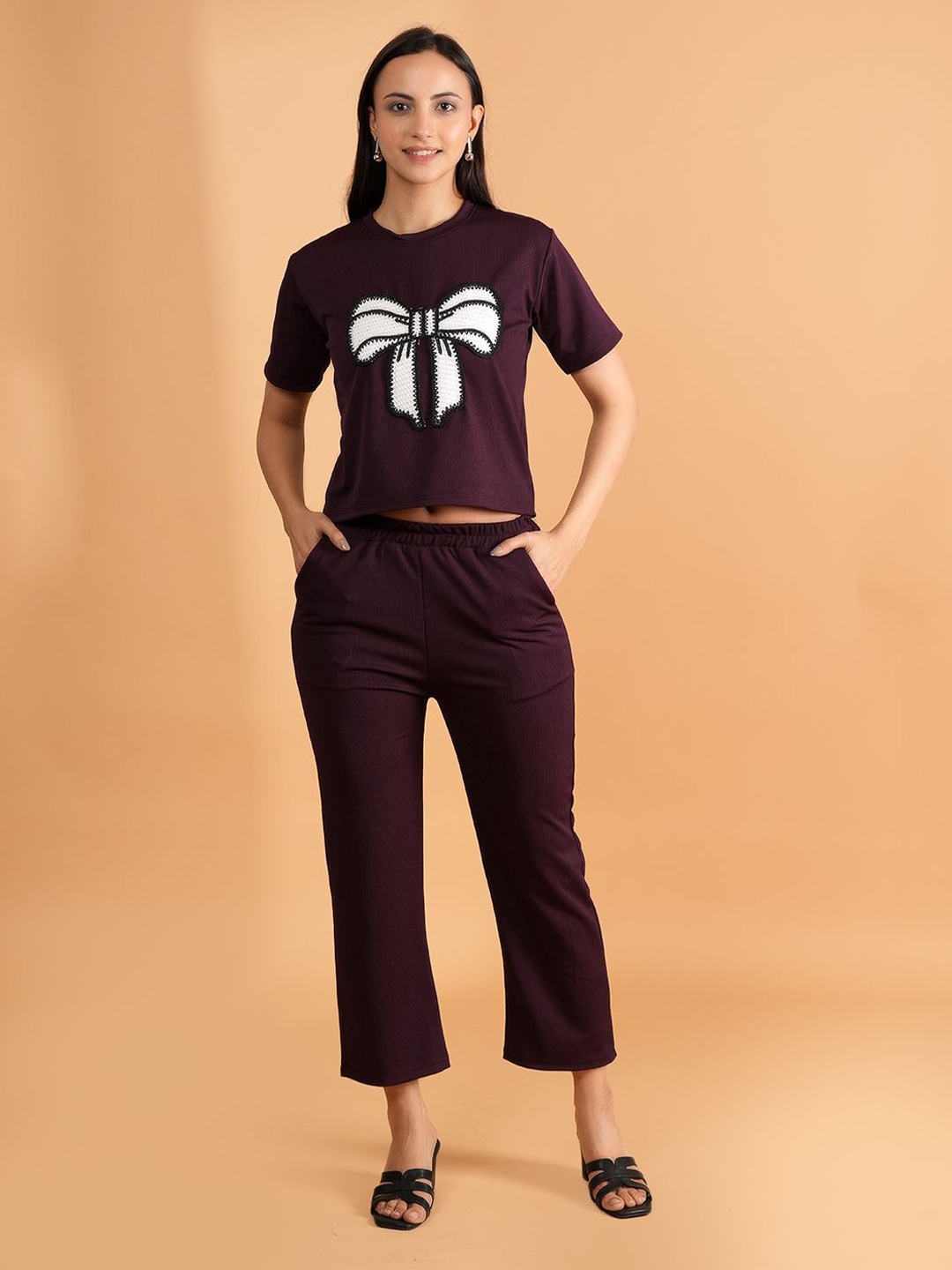 

Belfry Bow Printed Round Neck T-shirt With Trousers Co-Ords, Purple