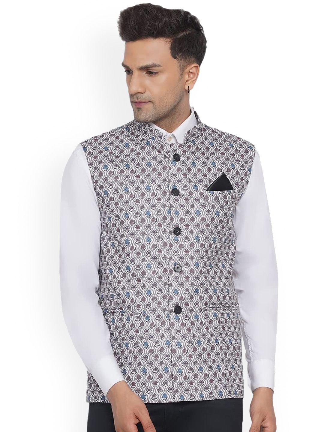 

VEERA PARIDHAAN Cotton Printed Mandarin Collar Nehru Jacket, White